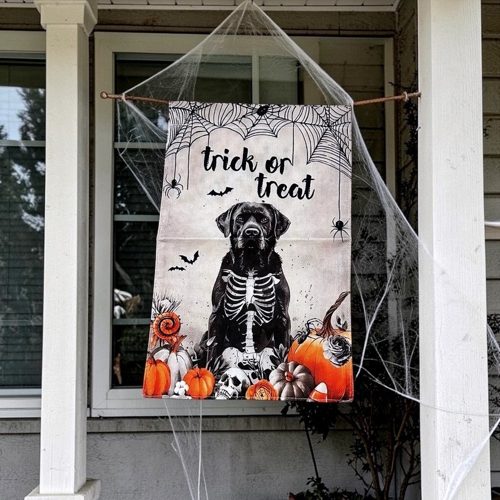 Black Labrador Skeleton Halloween Garden Flag Trick or Treat Burlap 12x18